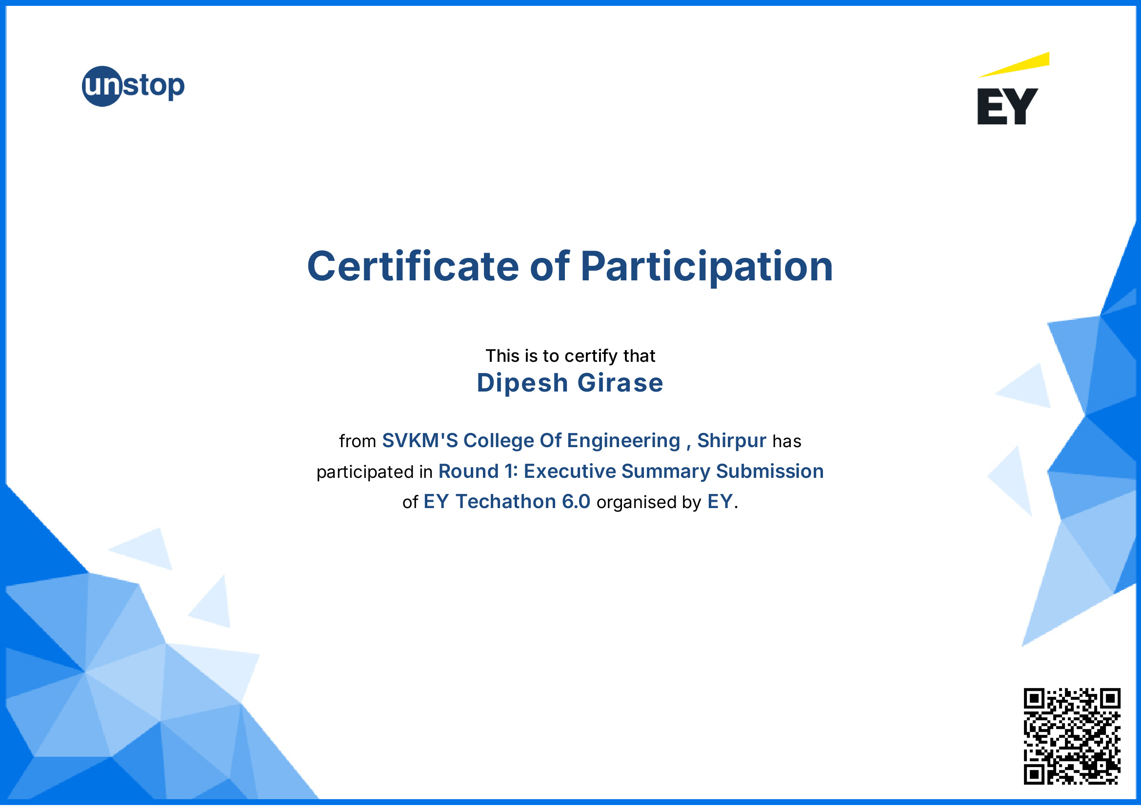EY Techathon 6.0 Certificate of Participation
